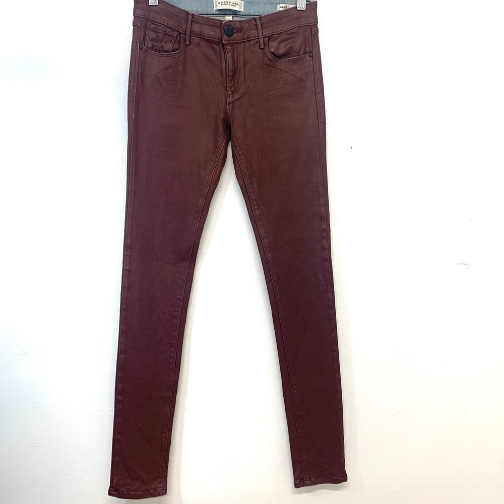 Habitual Alice Skinny Coated Jeans Burgundy Brown Waxed Metallic 27 Stretch USA